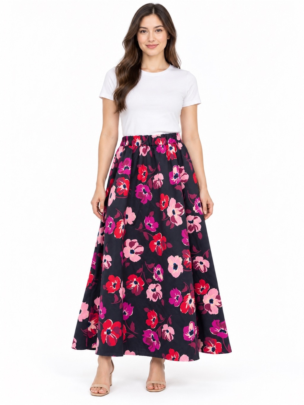 kate spade Black Maxi Skirt with Pink & Red Floral Print